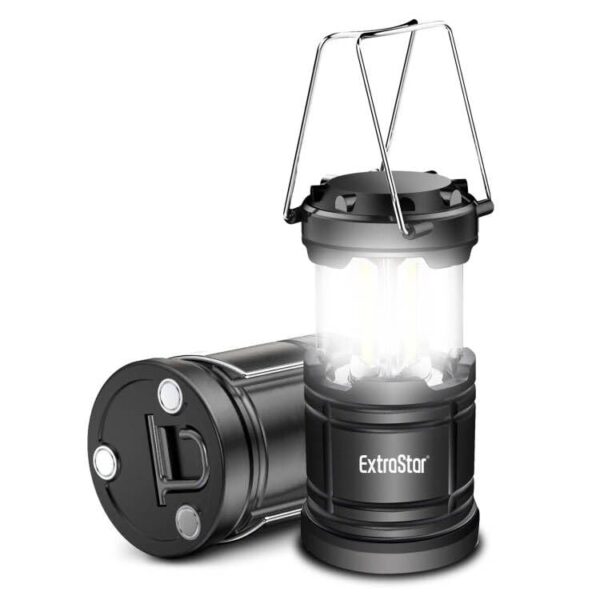 Illuminate your tent with the super bright 360 lumens LED camping lantern from EXTRASTAR. Features 360°COB lighting, magnetic base, foldable hook, and easy operation with 3*AA batteries.