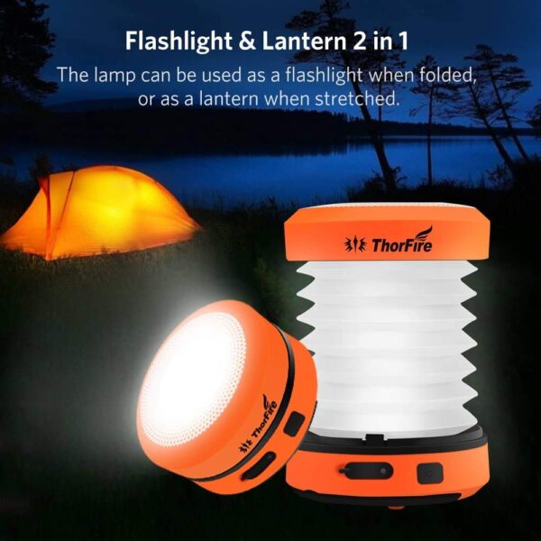 Portable and versatile ThorFire LED camping lantern that doubles as a powerful mini flashlight. Compact, lightweight, with hand crank and USB rechargeable features. Ideal for camping, hiking, and emergencies.