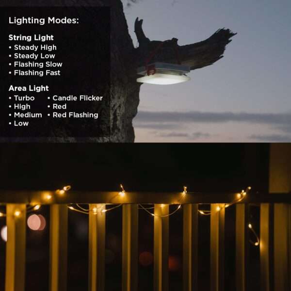 Illuminate your outdoor adventures with the LuminAID Solar String Light. This versatile 32 ft string light features various lighting modes, including flashing, area, and candle flicker. With USB and solar power options, it can recharge in sunlight or via USB in just a few hours. The built-in phone charger ensures you stay connected on the go.