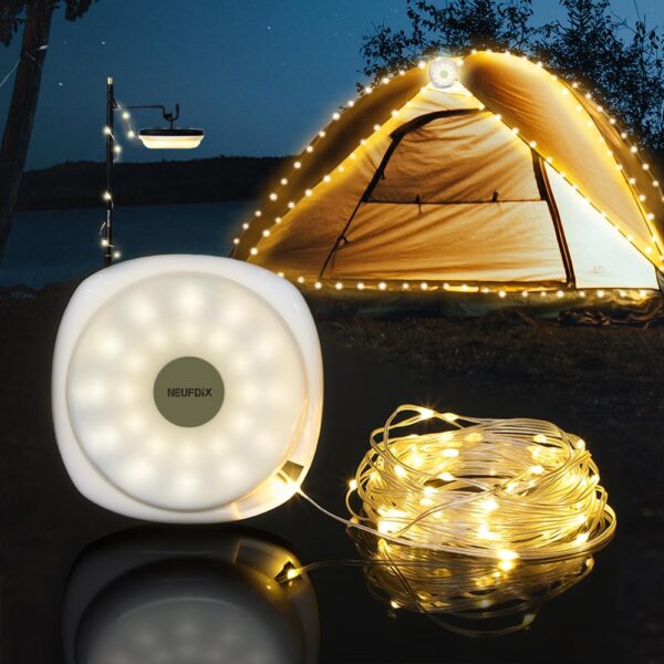 Experience the versatility of NEUFDIX Camping Lights String! This 2-in-1 lantern and string lights combo offers 5 adjustable modes for all your lighting needs. Perfect for camping, tent, yard, and decoration. Waterproof and USB-C rechargeable for convenience.