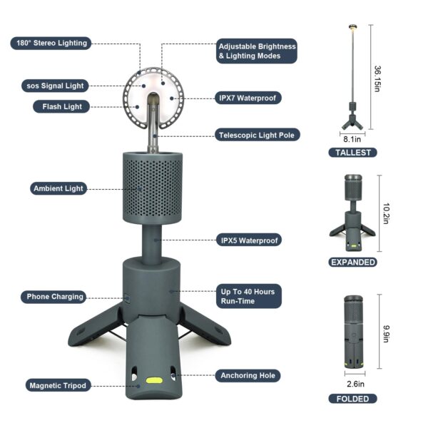 Illuminate your outdoor adventures with this Telescopic Camping Lantern. 10000mAh rechargeable battery offers up to 40 hours of light and doubles as a power bank. Adjust brightness, color temperature, and enjoy the SOS mode. IPX7 waterproof and magnetic base for convenience.