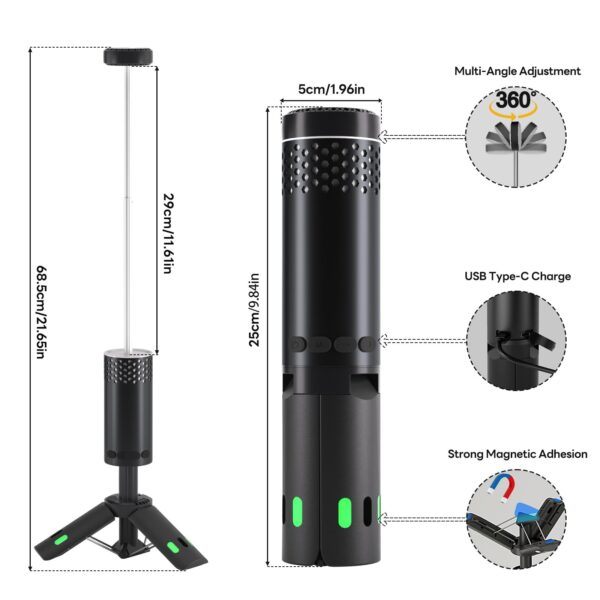 Versatile camping light with tripod and SOS signal for outdoor adventures. Features stepless dimming, 3 brightness levels, and 10000mAh power bank.