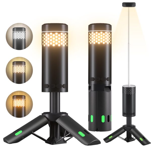 Versatile camping light with tripod and SOS signal for outdoor adventures. Features stepless dimming, 3 brightness levels, and 10000mAh power bank.