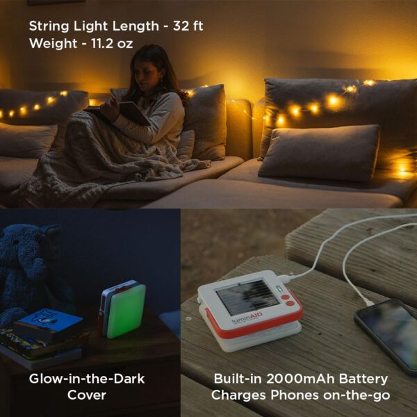 Illuminate your outdoor adventures with the LuminAID Solar String Light. This versatile 32 ft string light features various lighting modes, including flashing, area, and candle flicker. With USB and solar power options, it can recharge in sunlight or via USB in just a few hours. The built-in phone charger ensures you stay connected on the go.