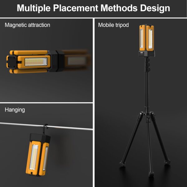 Illuminate any space with this 13200mAh Rechargeable Solar Work Light. Enjoy 8000 lumens of brightness with stepless dimming options. Choose from White, Warm, Nature White, or RED(SOS) light modes. The high-capacity battery lasts over 14 hours and features a USB port for charging devices. Rotate the four LED lamp heads for versatile lighting. Adjust the folding bracket to your desired angle and easily transport the light in the included carrying bag.