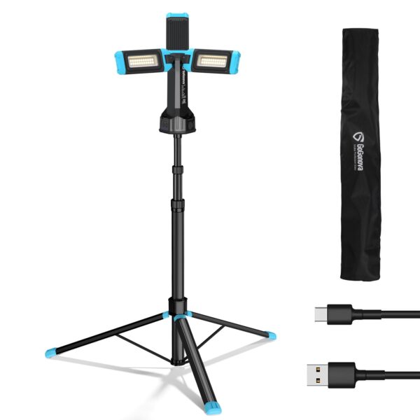 Illuminate your workspace with the GoGonova 67'' Rechargeable Work Light. With 1200/2500/5000 lumens and a dimmable feature, this cordless light on a detachable tripod stand offers flexibility for various tasks. The 3 LED lamp heads rotate for customizable lighting angles. Perfect for projects, outdoor activities, and camping, this portable light is a must-have for extended working hours.