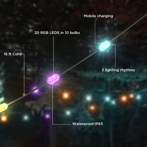 Illuminate your outdoor space with Color Solar String Lights featuring 3 color modes and a camping lantern with 3 brightness levels. This versatile set is perfect for decorating your patio, garden, or party. With a built-in rechargeable battery and multiple charging options, including solar and USB, these lights also double as a power bank for your devices. Portable and easy to hang, they are ideal for camping and outdoor adventures. Backed by a lifetime replacement guarantee, these lights offer both functionality and style.