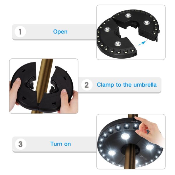 Enhance your outdoor evenings with the OYOCO Patio Umbrella Light. With 3 brightness modes and easy installation, this cordless light is perfect for patio umbrellas, camping tents, or indoor use. No tools required, just clamp it to your umbrella pole or hang it anywhere with the built-in hooks. Save energy with 28 LED bulbs and enjoy different brightness levels. Battery operated for convenience (4 x AA batteries not included).