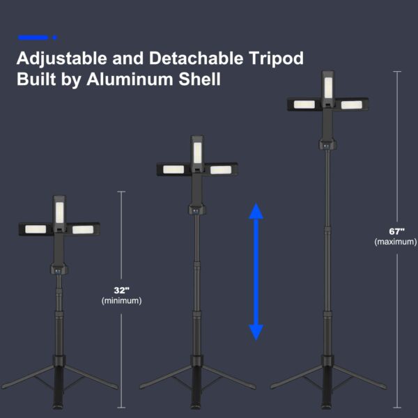 Illuminate your outdoor adventures with this rechargeable LED work light featuring 3 adjustable lamp heads, multiple brightness modes, and detachable tripod for convenience. Perfect for camping, workshops, and more.