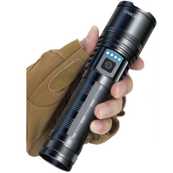 Illuminate your adventures with the UNROEVS rechargeable flashlight! With 30000 lumens brightness and 5 modes, this flashlight is perfect for emergencies, camping, and more. Fast USB C charging and multi-functionality make it a must-have tool for outdoor enthusiasts.