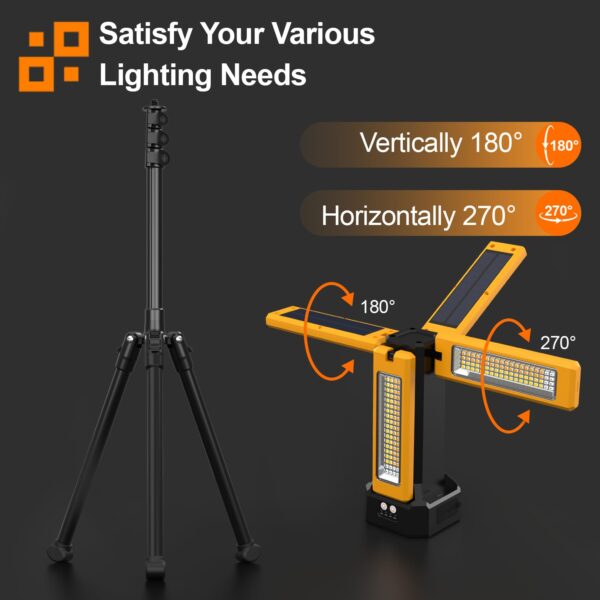 Illuminate any space with this 13200mAh Rechargeable Solar Work Light. Enjoy 8000 lumens of brightness with stepless dimming options. Choose from White, Warm, Nature White, or RED(SOS) light modes. The high-capacity battery lasts over 14 hours and features a USB port for charging devices. Rotate the four LED lamp heads for versatile lighting. Adjust the folding bracket to your desired angle and easily transport the light in the included carrying bag.