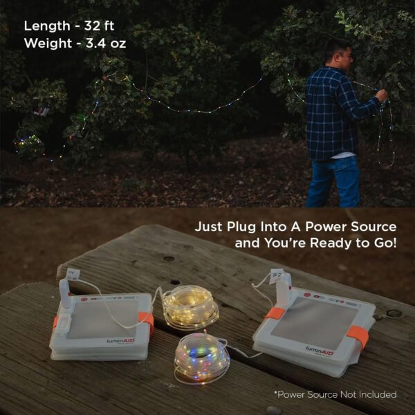 Light up any space with the LuminAID LED String Lights combo pack. Featuring 2 strands of 32ft USB lights with 100 LED bulbs each, these lights are perfect for camping, backyard parties, or indoor use. Choose from 8 lighting modes to set the perfect ambiance. Plug and play with any USB power source for convenience. Lightweight and travel-friendly, these string lights are ideal for on-the-go events. Power source not included.