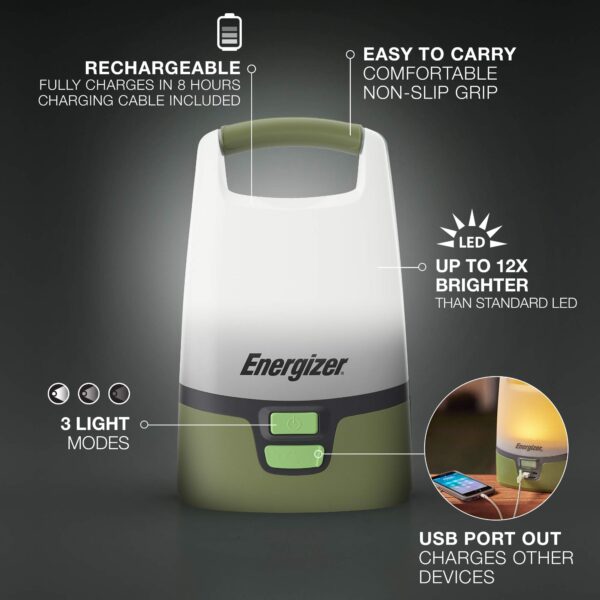 Illuminate your adventures with the Energizer Vision LED Camping Lantern. This rechargeable lantern offers 1000 lumens of brightness with 360-degree lighting for hands-free area illumination. Perfect for indoor or outdoor use, it features a USB port for charging devices. The lantern is IPX4 water-resistant and impact-resistant, ensuring reliable performance in any situation.