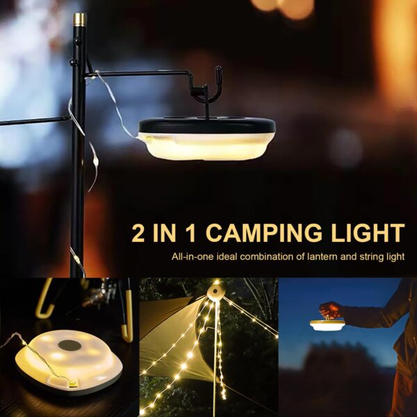 Experience the versatility of NEUFDIX Camping Lights String! This 2-in-1 lantern and string lights combo offers 5 adjustable modes for all your lighting needs. Perfect for camping, tent, yard, and decoration. Waterproof and USB-C rechargeable for convenience.