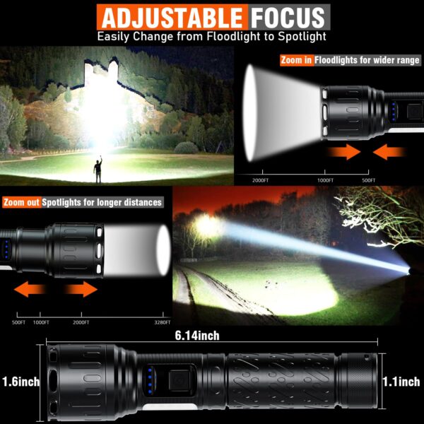 Illuminate your adventures with the DanByte Tactical LED Flashlight. Boasting 100,000 lumens and a beam reaching 1500 meters, this rechargeable flashlight is a must-have for emergencies, camping, and more. With 7 lighting modes and a telescopic zoom feature, it offers versatility for any situation. Built to last with a magnetic base, durable aluminum alloy construction, and fast Type-C charging that also functions as a power bank. Get 2 flashlights with accessories and a 24-month warranty.