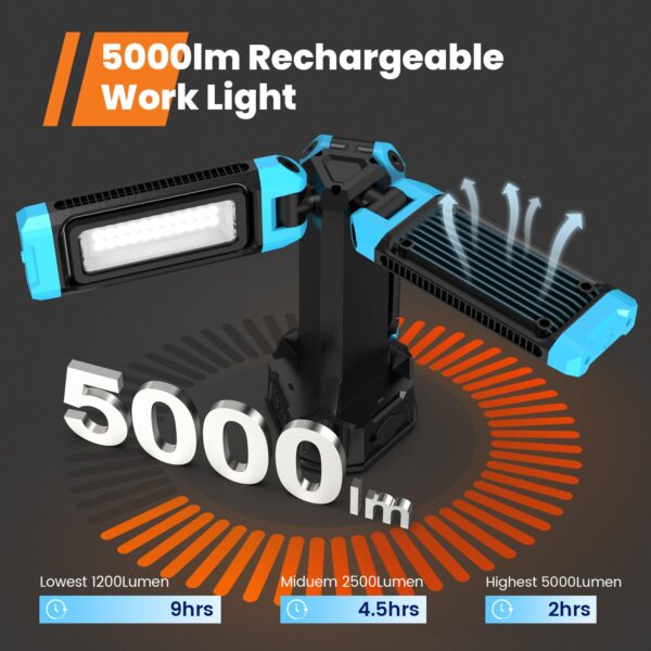 Illuminate your workspace with the GoGonova 67'' Rechargeable Work Light. With 1200/2500/5000 lumens and a dimmable feature, this cordless light on a detachable tripod stand offers flexibility for various tasks. The 3 LED lamp heads rotate for customizable lighting angles. Perfect for projects, outdoor activities, and camping, this portable light is a must-have for extended working hours.