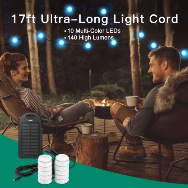 Illuminate your camping night with Anpro Solar Camping String Lights! Featuring 10 premium LEDs on a 17 ft ultra-long cord, this string light offers 7 vibrant colors and 5 light modes to create different ambiances. With a long-lasting battery, weatherproof design, and portable solar power supply, it's perfect for outdoors, decorations, and camping.