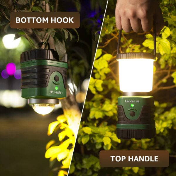 Convenient and Portable: Hang upside down for better lighting. Bright and Water Resistant: 360-degree beam angle, 1000 lumens, IP44 grade. Long Play Time: Lasts up to 12 hours, perfect for outdoor activities. Dimmable and 4 Light Modes: Adjust between white light, warm light, combined light, and flash mode. Rechargeable & Power Bank: Can also charge smartphones, USB cable included.