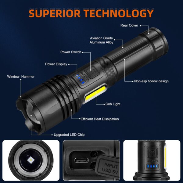 Illuminate the darkness with our 900,000 Lumens Super Bright Tactical Flashlight! Featuring 7 modes, rechargeable battery, and IPX7 waterproof rating. Perfect for home use or as a gift!