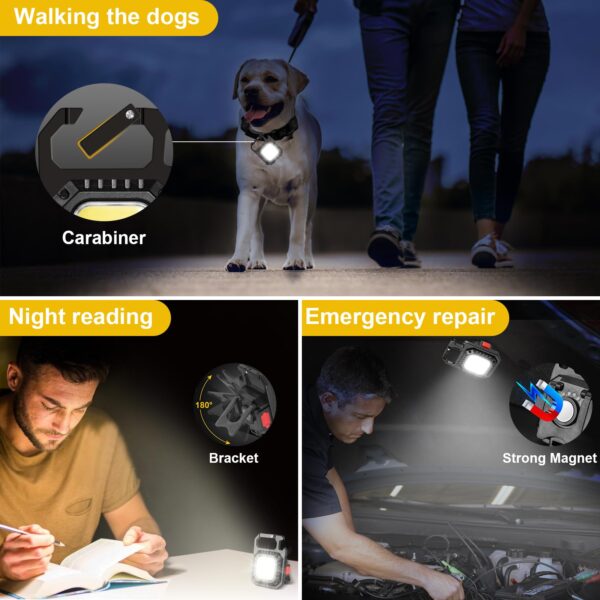 Illuminate your work area with this compact and powerful keychain flashlight. Perfect for night activities, emergencies, and repairs. Easy to carry and use.