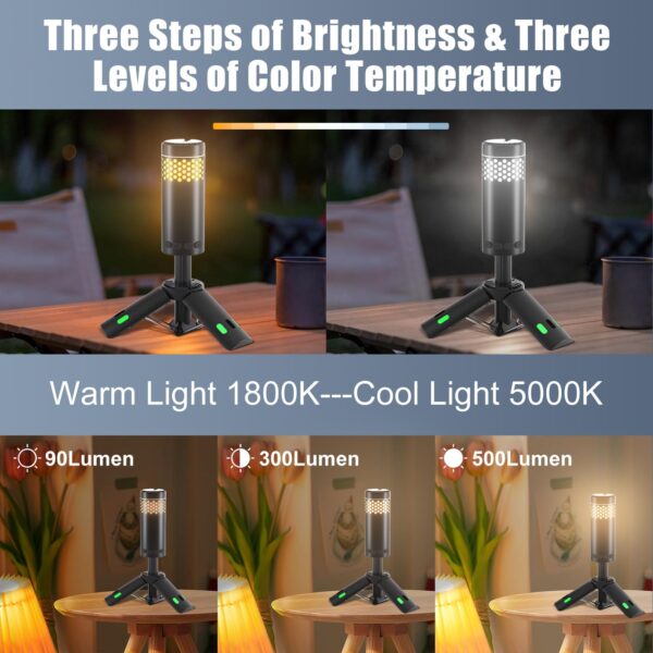 Versatile camping light with tripod and SOS signal for outdoor adventures. Features stepless dimming, 3 brightness levels, and 10000mAh power bank.