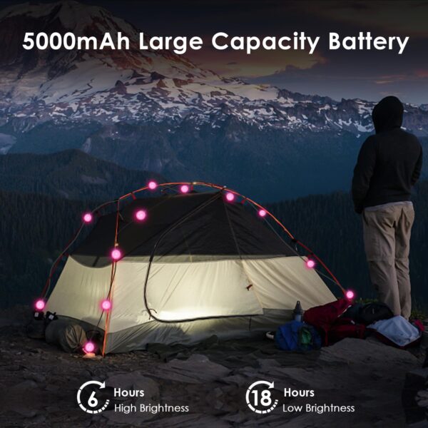 Illuminate your camping night with Anpro Solar Camping String Lights! Featuring 10 premium LEDs on a 17 ft ultra-long cord, this string light offers 7 vibrant colors and 5 light modes to create different ambiances. With a long-lasting battery, weatherproof design, and portable solar power supply, it's perfect for outdoors, decorations, and camping.