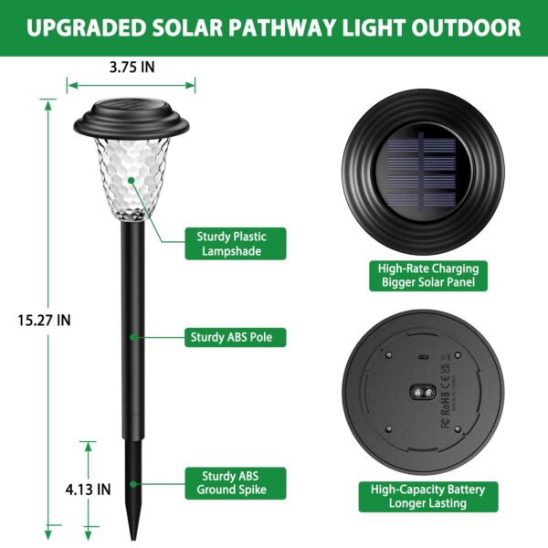 Create a warm and colorful atmosphere in your garden with E-Kong Solar Pathway Lights 10 Pack. These outdoor lights offer 2 modes: warm white and 7-color changing, providing versatility in decorating your outdoor space. With an IP65 waterproof rating, these lights are durable for all weather conditions. The large solar panels and high-capacity battery ensure efficient and long-lasting lighting, charging in just 3-5 hours and staying on for over 12 hours. Made of durable ABS materials, these lights are easy to install and perfect for your garden, yard, pathway, walkway, and driveway. Surprise your friends and family with these amazing solar pathway lights from E-Kong.