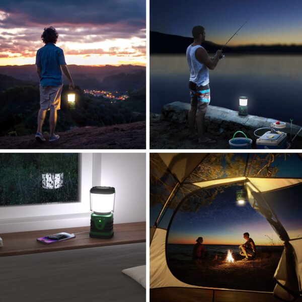 Convenient and Portable: Hang upside down for better lighting. Bright and Water Resistant: 360-degree beam angle, 1000 lumens, IP44 grade. Long Play Time: Lasts up to 12 hours, perfect for outdoor activities. Dimmable and 4 Light Modes: Adjust between white light, warm light, combined light, and flash mode. Rechargeable & Power Bank: Can also charge smartphones, USB cable included.