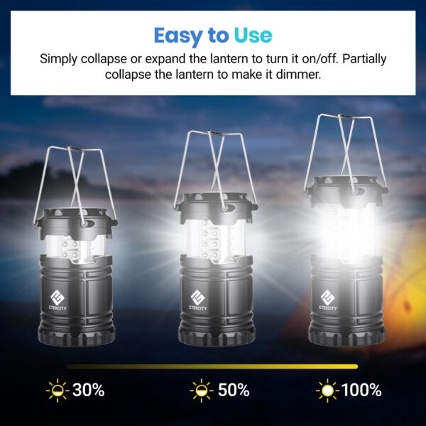 Illuminate your camping adventures with the Etekcity Lantern. With 30 bright LED bulbs and 140 lumens, this lantern provides 360° lighting to tackle emergencies like storms and power outages. Powered by 3 AA batteries, it offers up to 50 hours of bright light. Compact, lightweight, and water-resistant, it's a must-have for camping, hiking, and home emergencies.