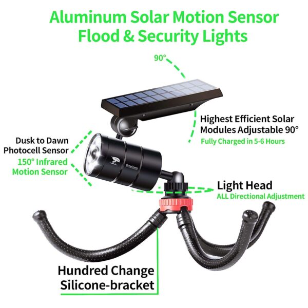 Illuminate your outdoor space with these Solar Motion Sensor Camping Lights. Built-in photocell sensor for automatic night activation. Provides 1400-LM brightness with a 50,000-hour lifespan. Adjustable angles for optimal lighting.