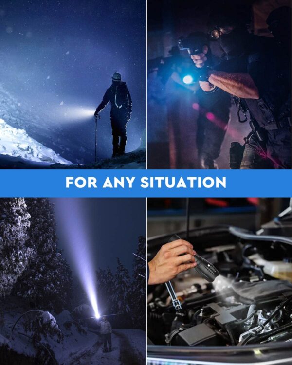 Illuminate your path with this 2000 lumens flashlight, perfect for camping, hunting, and emergencies. Choose from 5 modes and adjust the focus for a clear view. Crafted from aircraft-grade material, waterproof, and includes batteries. The ideal gift for outdoor enthusiasts!