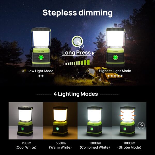 Illuminate your space with the Consciot LED Camping Lantern, providing up to 1000 lumens of brightness. Choose from 4 light modes and enjoy its IPX4 waterproof design. Perfect for power outages, emergencies, hiking, and more.