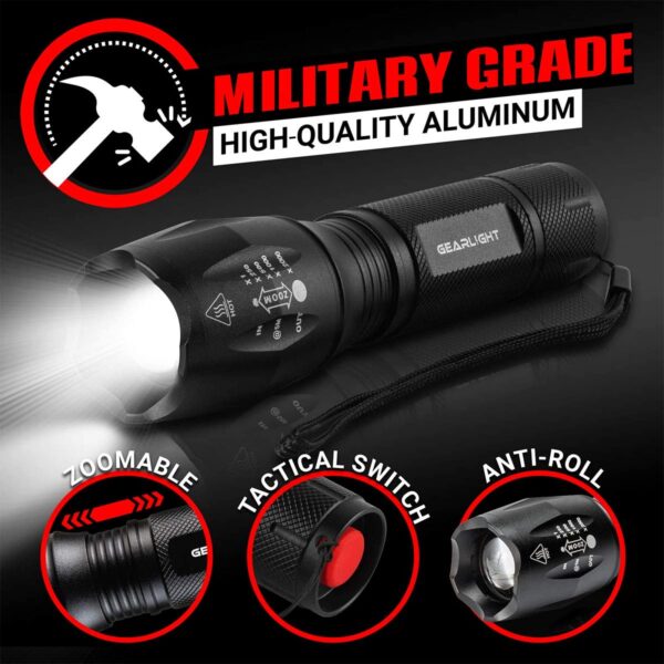 Illuminate any room with the GearLight S1000 LED Tactical Flashlight! This durable and compact flashlight is perfect for outdoor use, camping, and everyday activities. Includes 2 flashlights, battery holders, hand straps, and more.