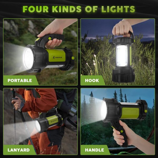 Versatile 4-in-1 camping lantern with 800LM brightness, 1,640 ft range. Rechargeable battery lasts up to 12 hours. Lightweight, portable design. Ideal for outdoor activities and emergencies.