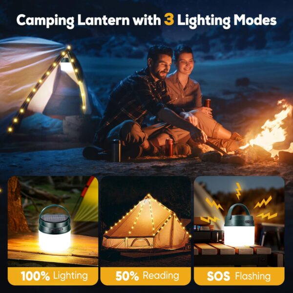 Illuminate your camping experience with this 2-in-1 Camping Lantern and String Lights combo. Enjoy 8-10 hours of lighting from the solar or USB charge. Hang the 33ft string lights for a cozy atmosphere. Choose from 8 lighting modes and 3 brightness levels for versatile use. Compact, durable, and backed by a 1-year warranty.