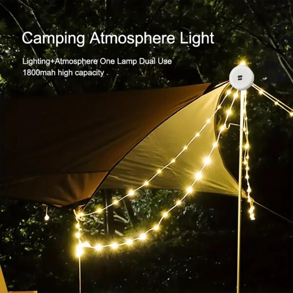 Illuminate your tent with these versatile camping string lights. With 6 brightness modes and a rechargeable battery, they are perfect for camping, hiking, and more.