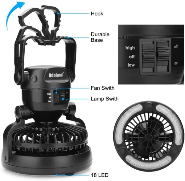 Stay cool and illuminated with this versatile Odoland Portable LED Camping Lantern with Ceiling Fan. Enjoy 18 bright LED bulbs and a powerful fan in one lightweight package. Perfect for camping, emergencies, and more.