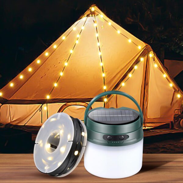 Illuminate your camping experience with this 2-in-1 Camping Lantern and String Lights combo. Enjoy 8-10 hours of lighting from the solar or USB charge. Hang the 33ft string lights for a cozy atmosphere. Choose from 8 lighting modes and 3 brightness levels for versatile use. Compact, durable, and backed by a 1-year warranty.