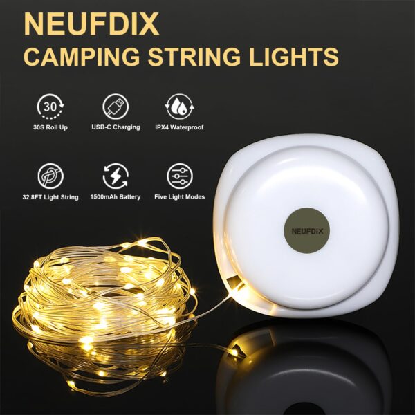 Experience the versatility of NEUFDIX Camping Lights String! This 2-in-1 lantern and string lights combo offers 5 adjustable modes for all your lighting needs. Perfect for camping, tent, yard, and decoration. Waterproof and USB-C rechargeable for convenience.