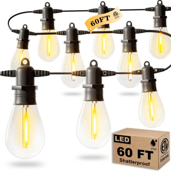 Illuminate your outdoor space with these 60FT LED string lights. Waterproof and shatterproof, perfect for garden and patio decor. Dimmer compatible for customizable ambiance. Energy-saving and durable, ideal for various occasions.