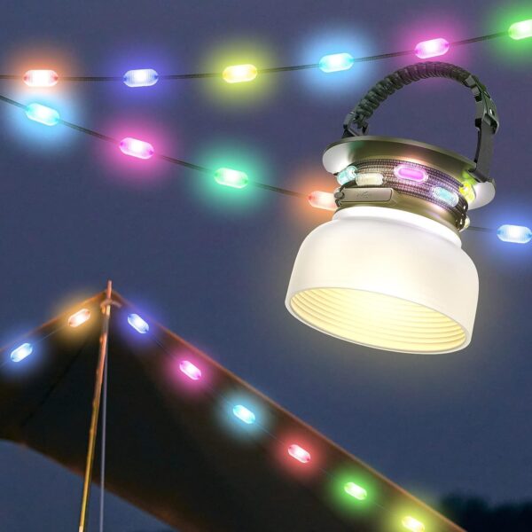 Illuminate your outdoor space with Color Solar String Lights featuring 3 color modes and a camping lantern with 3 brightness levels. This versatile set is perfect for decorating your patio, garden, or party. With a built-in rechargeable battery and multiple charging options, including solar and USB, these lights also double as a power bank for your devices. Portable and easy to hang, they are ideal for camping and outdoor adventures. Backed by a lifetime replacement guarantee, these lights offer both functionality and style.