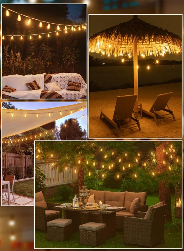 Enhance your outdoor ambiance with Ollny 50FT string lights featuring durable ST38 bulbs. Create a cozy setting with 2200K warm white light, ideal for various outdoor occasions.