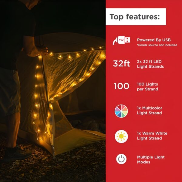 Light up any space with the LuminAID LED String Lights combo pack. Featuring 2 strands of 32ft USB lights with 100 LED bulbs each, these lights are perfect for camping, backyard parties, or indoor use. Choose from 8 lighting modes to set the perfect ambiance. Plug and play with any USB power source for convenience. Lightweight and travel-friendly, these string lights are ideal for on-the-go events. Power source not included.