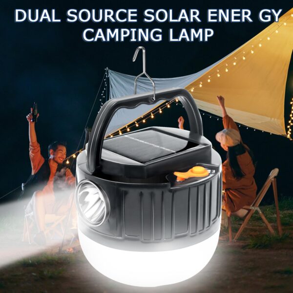 Illuminate your outdoor adventures with this rechargeable solar camping light. Featuring 2 lighting modes and a built-in power bank, it's perfect for camping, fishing, and power outages.