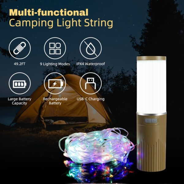 Enhance your outdoor experience with this versatile Camping Lantern! Enjoy 4 lighting modes, 5 ambient modes, and a 3-in-1 design for all your camping needs. IPX4 waterproof and easy to hang or place, perfect for any outdoor setting.