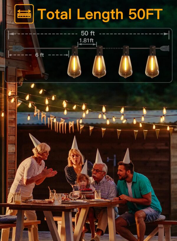 Enhance your outdoor ambiance with Ollny 50FT string lights featuring durable ST38 bulbs. Create a cozy setting with 2200K warm white light, ideal for various outdoor occasions.