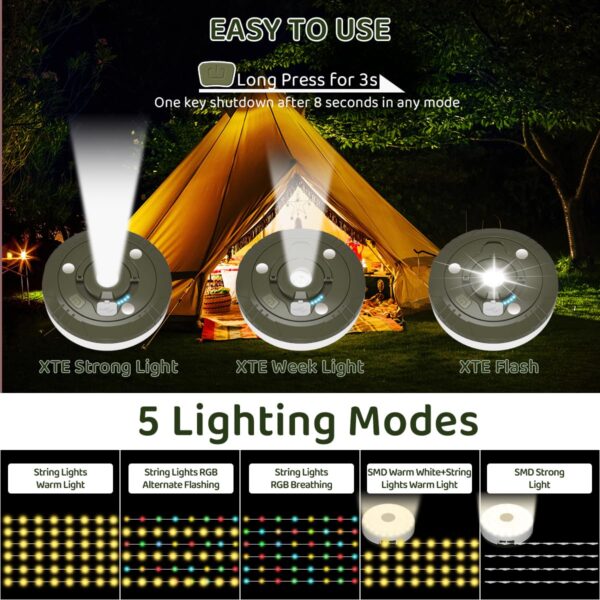 Illuminate your outdoor adventures with these versatile Camping String Lights. Featuring 8 lighting modes, durable construction, and waterproof design, these lights are perfect for camping, Christmas, and outdoor events.