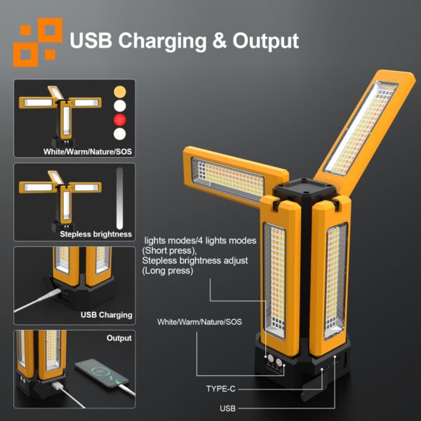 Illuminate any space with this 13200mAh Rechargeable Solar Work Light. Enjoy 8000 lumens of brightness with stepless dimming options. Choose from White, Warm, Nature White, or RED(SOS) light modes. The high-capacity battery lasts over 14 hours and features a USB port for charging devices. Rotate the four LED lamp heads for versatile lighting. Adjust the folding bracket to your desired angle and easily transport the light in the included carrying bag.