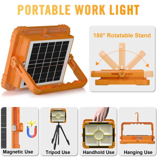 Illuminate your outdoor tasks with the TECHMUR Big LED Solar Work Light. With 466 high-quality LEDs offering 10000LM brightness, it features 5 adjustable modes for versatile use. Rechargeable via USB or solar panel, this portable light also functions as a power bank. Durable and waterproof, it's perfect for emergencies, repairs, and camping.