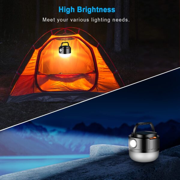 Illuminate your outdoor adventures with this rechargeable solar camping light. Featuring 2 lighting modes and a built-in power bank, it's perfect for camping, fishing, and power outages.